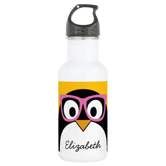 HipsterPenguin - niedliches Cartoon-Gelb-Rosa Trinkflasche (Vorderseite)