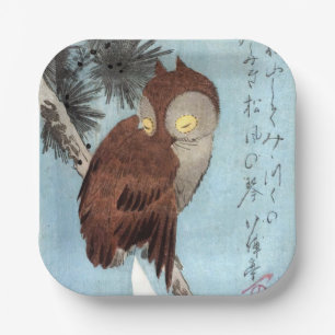 Hiroshige - Horned Owl, Pine und Crescent Moon Pappteller