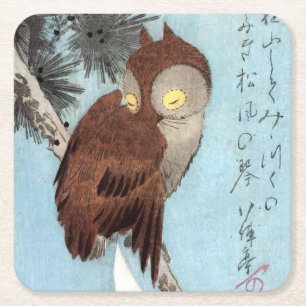 Hiroshige - Horned Owl, Pine und Crescent Moon Rechteckiger Pappuntersetzer