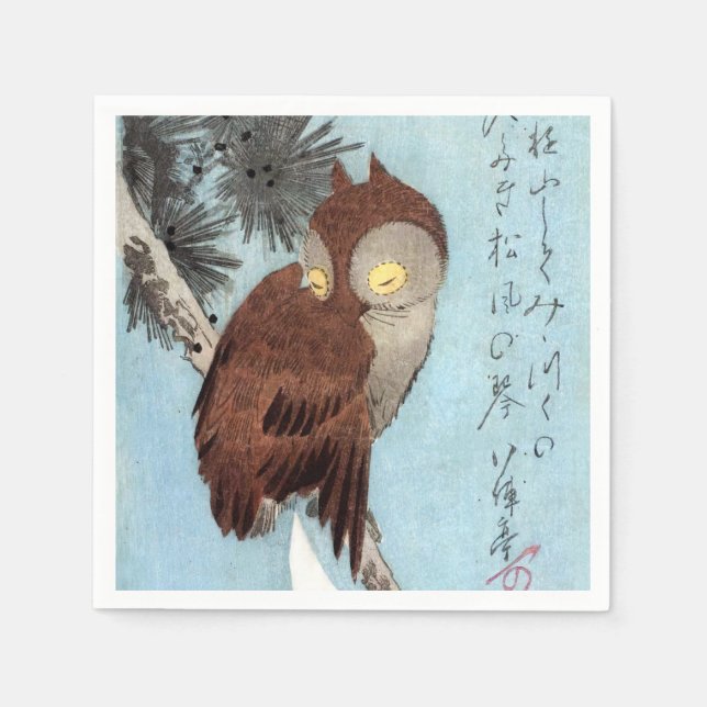 Hiroshige - Horned Owl, Pine und Crescent Moon Serviette (Vorderseite)