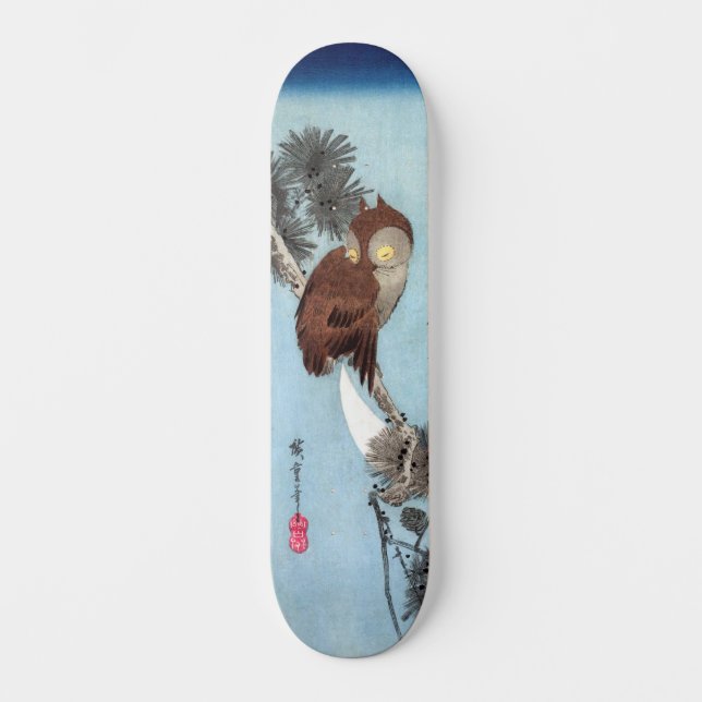 Hiroshige - Horned Owl, Pine und Crescent Moon Skateboard (Vorderseite)