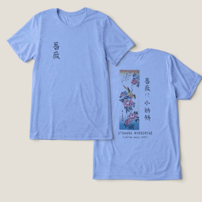 Hiroshige Rose and Wagtail Japanese Art Blue Tri-Blend Shirt (Design Vorderseite & Rückseite)