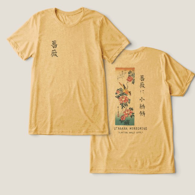 Hiroshige Rose and Wagtail Japanese Art Yellow Tri-Blend Shirt (Design Vorderseite & Rückseite)