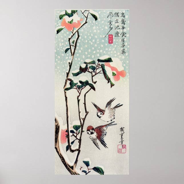 Hiroshige Sparrows und Kamelien im Schnee Poster (Vorne)