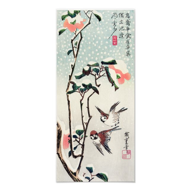 Hiroshige Sparrows und Kamelien in der Schneeballd Fotodruck (Vorne)