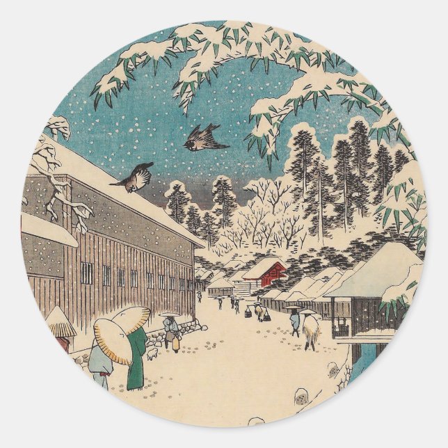 Hiroshige Winterlandschaft Japan Land Runder Aufkleber (Vorderseite)
