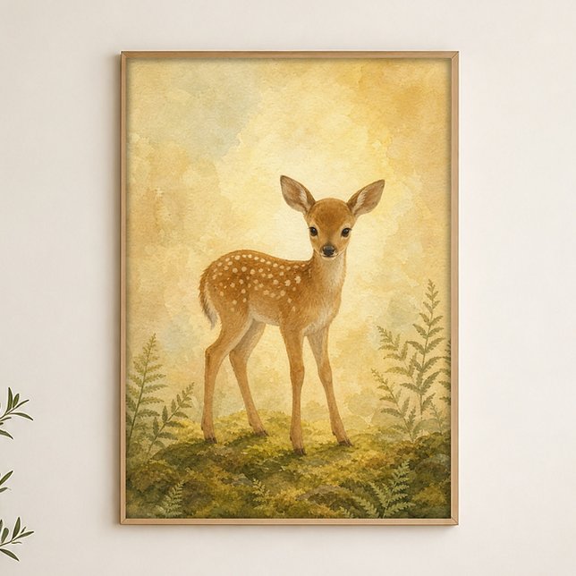 Hirsch auf der Lichtung Aquarell Whimsical Poster (Shown framed for scale. Poster ships unframed; frames are an optional add-on.)