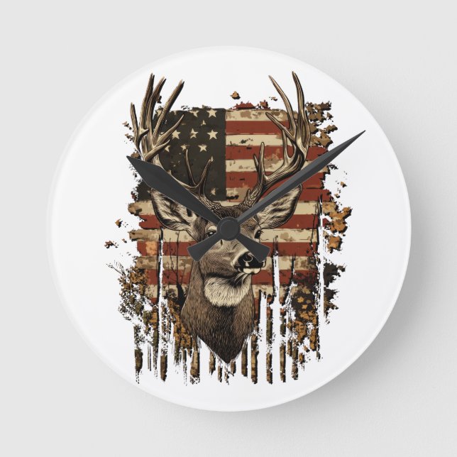 Hirsch, Bock-Saison USA-Flagge Runde Wanduhr (Vorderseite)