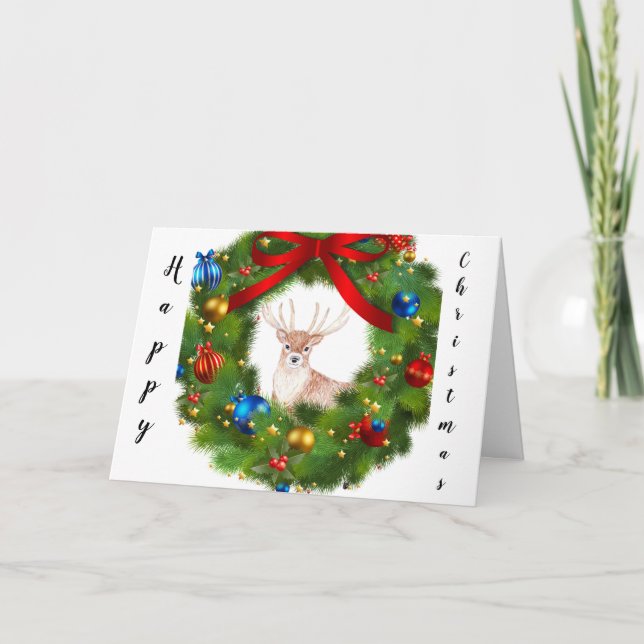 Hirsch, der durch einen Weihnachtskranz schaut Dankeskarte (Vorderseite)