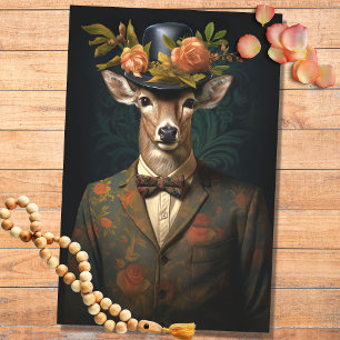 Hirsch im Anzug, Hut mit Blume 3 Dekoupage Paper Seidenpapier
