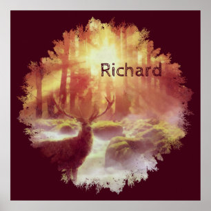 Hirsch im nebligen Wald beim goldenen Sonnenaufgan Poster