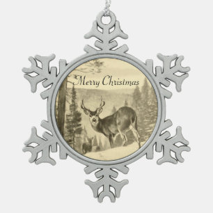 Hirsch im Wald im Vintage-Stil Schneeflocken Zinn-Ornament