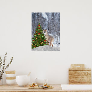 Hirsch im Wald mit Weihnachtsbaum-Feiertagsplakat Poster