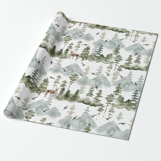 Hirsch Immergrüner Wald Geschenkpapier (Ungerollt)