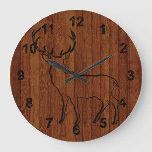 Hirsch in dunkler Holzoptik geschnitzt Große Wanduhr