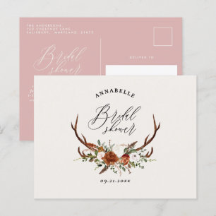 Hirsch Mädchen rosa rostige Blumen elegante Hochze Postkarte