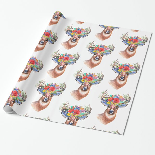 Hirsch mit Blumen Geschenkpapier (Ungerollt)