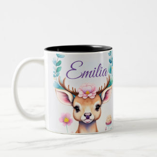 Hirsch mit Blumen - Wasserfarbe Kindermotiv Zweifarbige Tasse