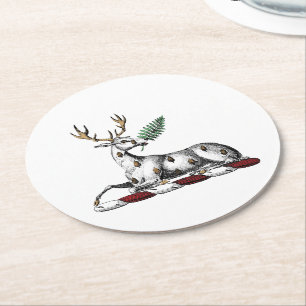 Hirsch mit Farn Heraldische Helmzier Emblem Runder Pappuntersetzer