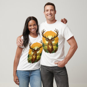 Hirsch mit Geweih Sonnenuntergang Wald Jäger Gesch T-Shirt