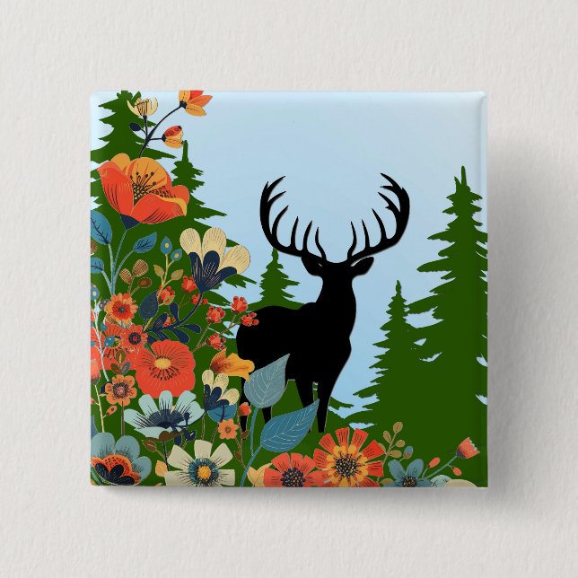 Hirsch mit großem Geweih aus dem Wald blauer Himme Button (Vorderseite)