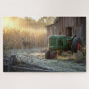 Hirsch mit grünem Vintage-Traktor und Scheune Puzzle