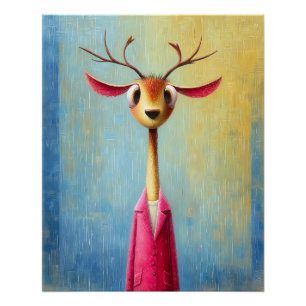Hirsch Portrait - pinker Mantel - Cartoon Comic Poster