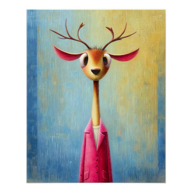 Hirsch Portrait - pinker Mantel - Cartoon Comic  Poster (Vorderseite)
