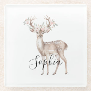 Hirsch Rosa Blumen Glasuntersetzer