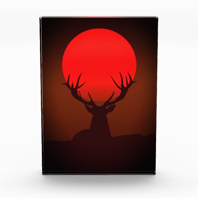 Hirsch-Silhouette mit feurigem rotem Sonnenunterga Fotoblock (Vorderseite)