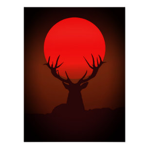 Hirsch-Silhouette mit feurigem rotem Sonnenunterga Poster
