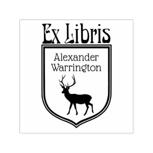 Hirsch-Silhouette-Wappen Ex Libris Buchname Permastempel