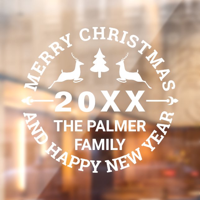 Hirsch und Baum Frohe Weihnachtsnamen hinzufügen Fensteraufkleber (Blatt 2)