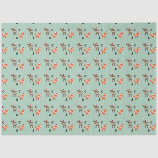 Hirsch und Fox in Weihnachtsmannmützen Whimsical W Seidenpapier (Vorderseite)