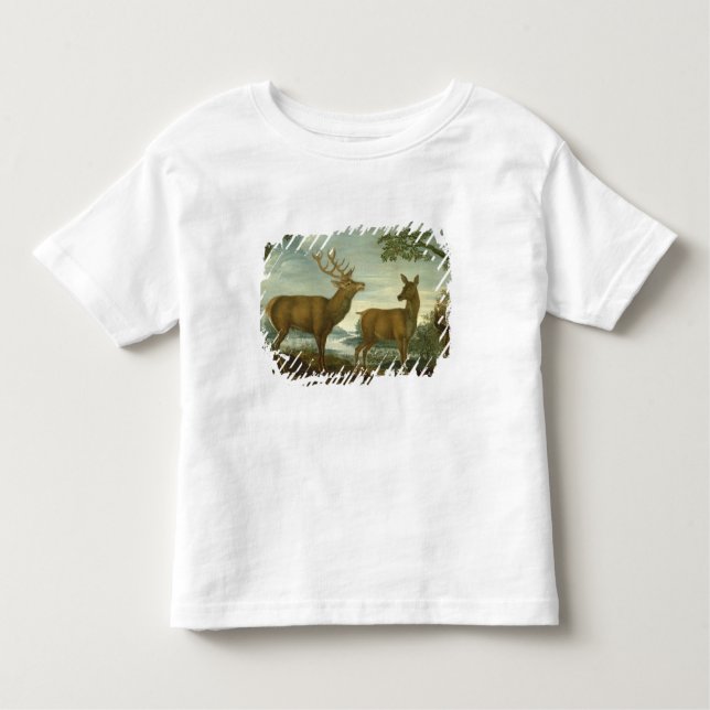 Hirsch und Hinter in einer bewaldeten Landschaft Kleinkind T-shirt (Vorderseite)