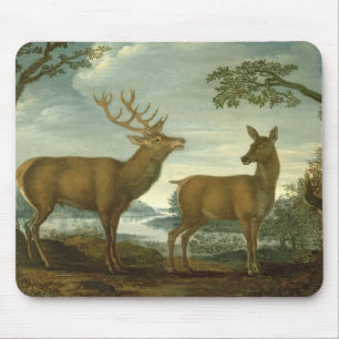 Hirsch und Hinter in einer bewaldeten Landschaft Mousepad