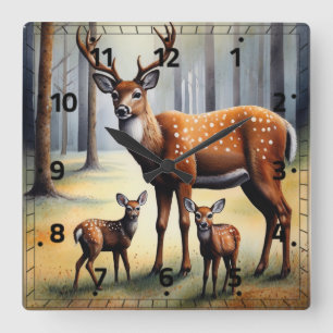 Hirsch und Kitze im Wald Wilde Tiere Quadratische Wanduhr