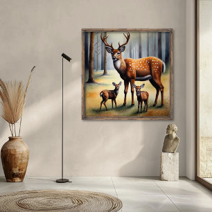 Hirsch und Kitze im Wald Wildtiere Poster