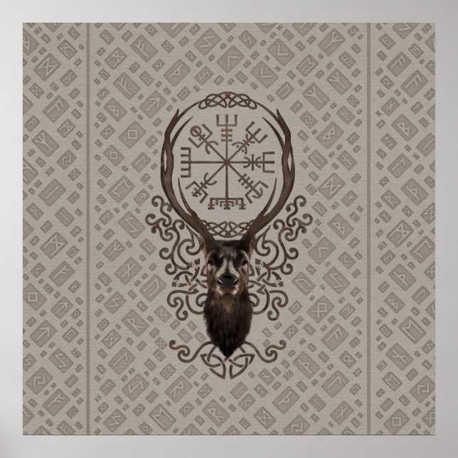Hirsch und Vegvisir - Viking Navigation Compass Poster (Vorne)