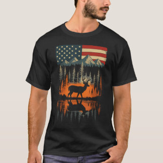 Hirsch USA-Flagge Outdoor-Wandern T-Shirt