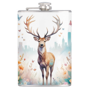 Hirsch Vintage-Tier-Natur-Wald-Blumen-Kunst Flachmann