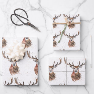 Hirsch Weihnachten Wasserfarben Muster Wald Braun Geschenkpapier Set