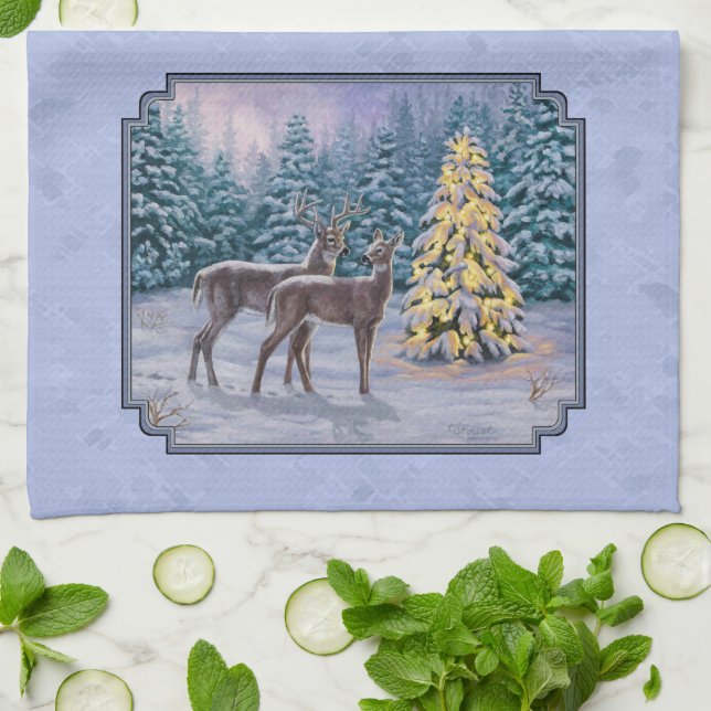 Hirsch & Weihnachtsbaum Winter Blue Küchentuch (Gefaltet)