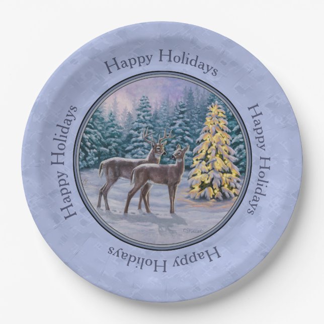 Hirsch & Weihnachtsbaum Winter Blue Pappteller (Vorderseite)