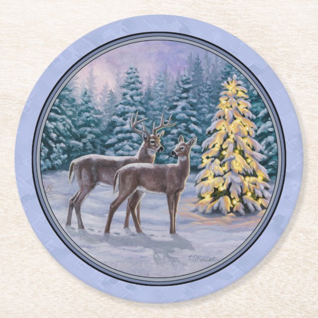 Hirsch & Weihnachtsbaum Winter Blue Runder Pappuntersetzer (Vorderseite)