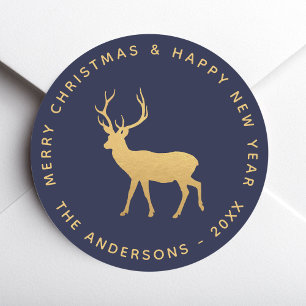 Hirsch Weihnachtsnacht Blau Elegant Faux Gold Runder Aufkleber