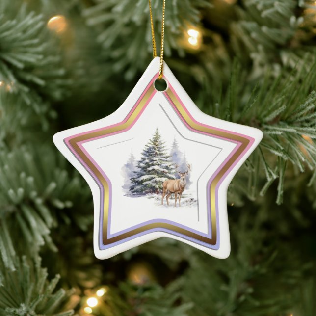 Hirsch-Winter-Wald-Stern-Ornament Keramik Ornament (Baum)
