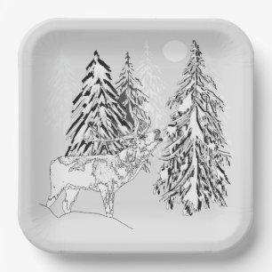 Hirsch, Winter, Wald, Weihnachtsbäume, einfarbig Pappteller