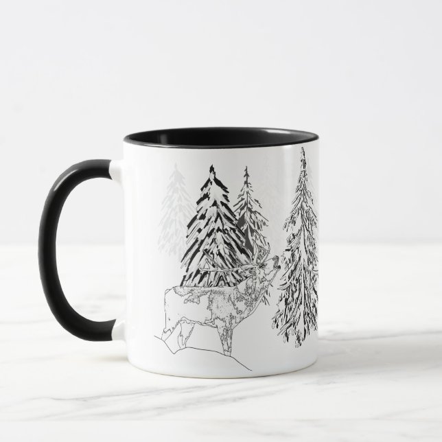 Hirsch, Winter, Wald, Weihnachtsbäume, einfarbig Tasse (Links)
