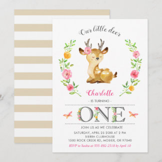 Hirschbaby Girl Woodland Floral 1. Geburtstag Einladung